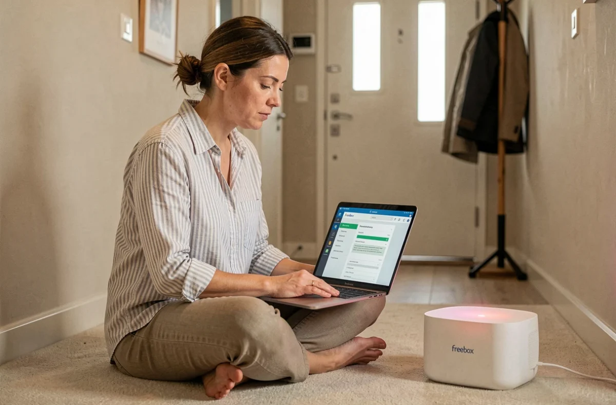 Femme assise par terre consultant un guide de dépannage sur son ordinateur face à une Freebox Pop bloquée lors de l'association serveur