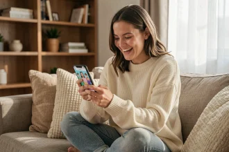 Jeune femme riant en envoyant un GIF par SMS sur son smartphone depuis son canapé