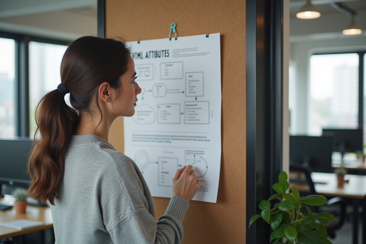 Femme en gris analysant un diagramme HTML sur un tableau en bureau