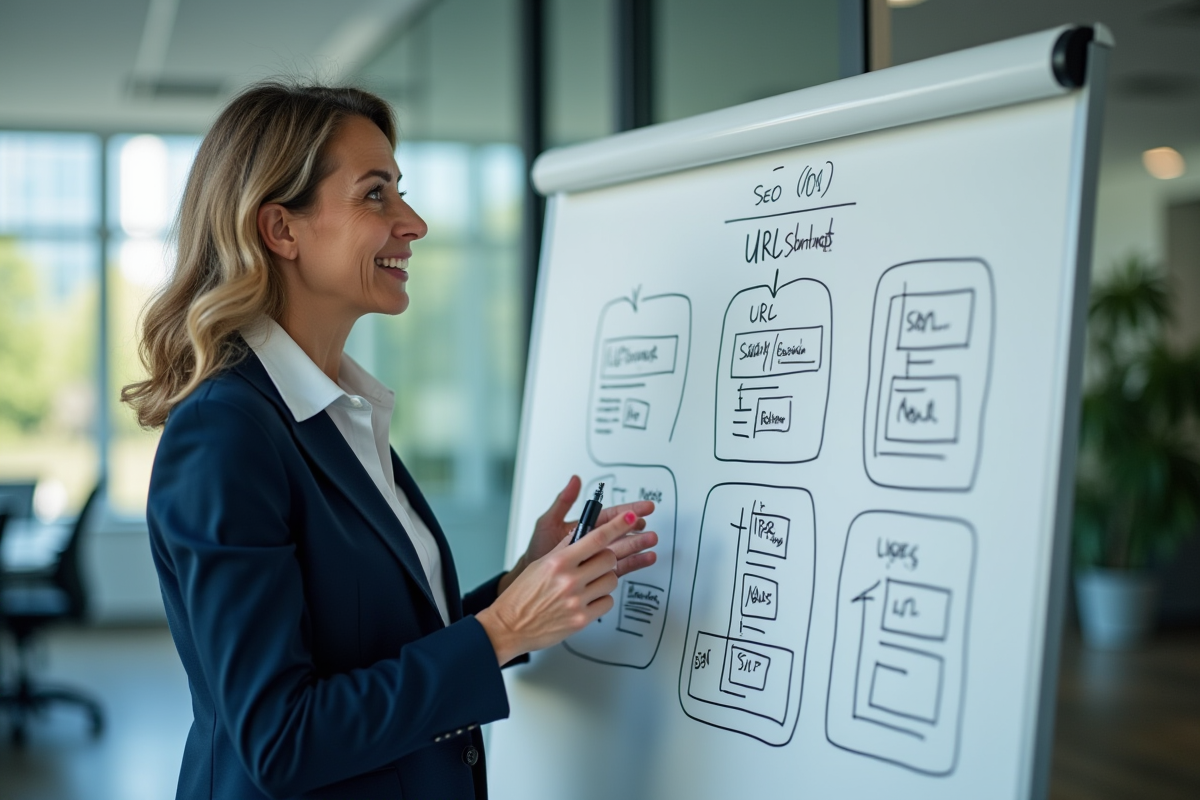 Femme professionnelle expliquant des notes SEO devant un tableau blanc