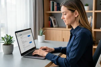 Femme professionnelle remplissant un formulaire de CV en ligne sur un ordinateur portable dans un bureau à domicile moderne