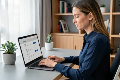 Femme professionnelle remplissant un formulaire de CV en ligne sur un ordinateur portable dans un bureau à domicile moderne