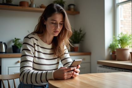 Jeune femme française à la maison avec smartphone