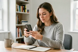 Femme tenant un iPhone 13 mini et l'évaluant à son bureau à domicile en 2026