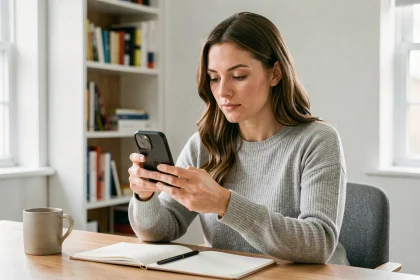 Femme tenant un iPhone 13 mini et l'évaluant à son bureau à domicile en 2026