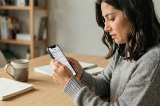 Femme tenant un iPhone 14 et consultant les options de stockage dans un bureau moderne