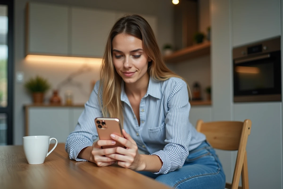 Jeune femme avec iPhone 15 dans une cuisine moderne