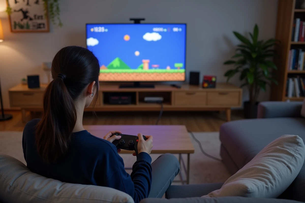 Femme jouant à un jeu vidéo rétro émulé sur une télévision dans un salon moderne avec une manette USB