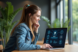 Jeune femme utilisant un ordinateur avec interface blockchain