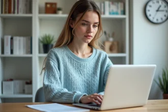 Jeune femme utilisant un ordinateur portable à la maison