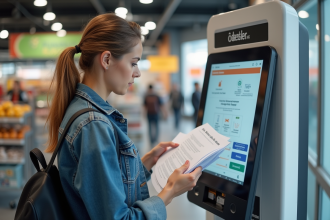 Femme lisant des documents près d'un kiosque en supermarche