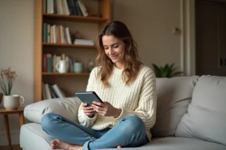 Femme lisant un livre numérique sur une liseuse Kindle, assise sur un canapé gris dans un salon cosy