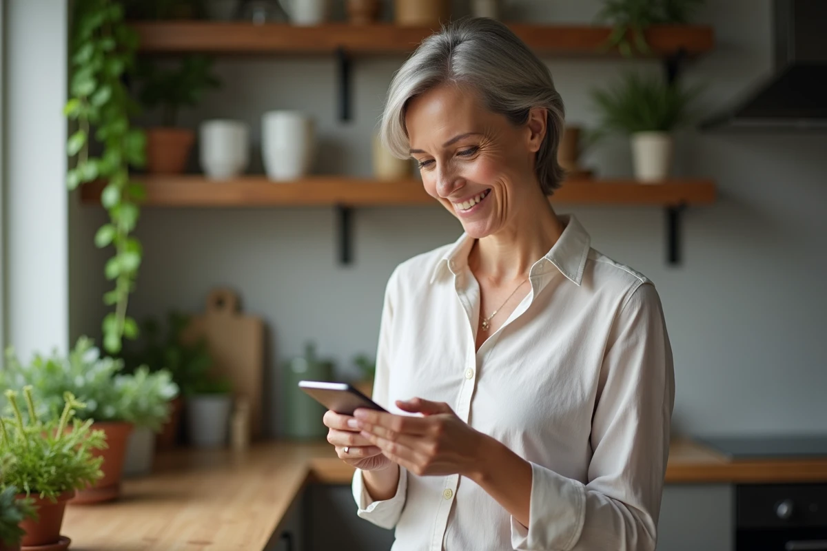 Femme souriante vérifiant ses messages avec un téléphone dans la cuisine