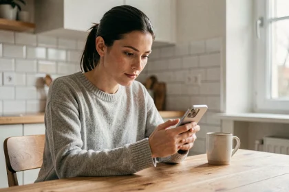Femme rechargeant son forfait Réglo Mobile sur smartphone depuis son application Mon compte en sécurité