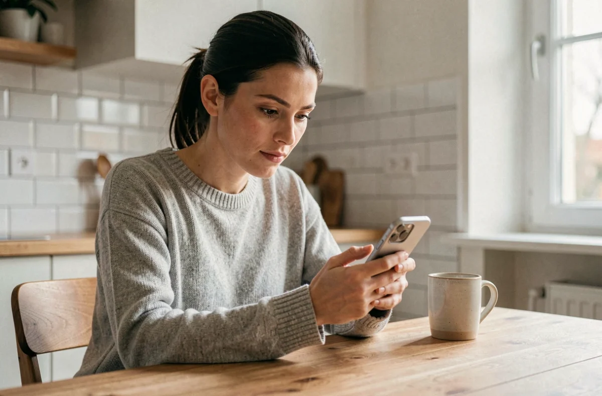 Femme rechargeant son forfait Réglo Mobile sur smartphone depuis son application Mon compte en sécurité
