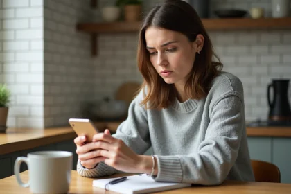 Femme consultant son iPhone à la recherche de photos supprimées sur une table en bois dans une cuisine moderne