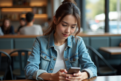 Jeune femme avec smartphone dans un café moderne