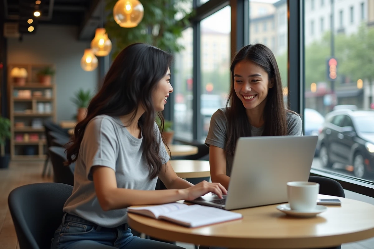 Femme et amie riant avec un ordinateur portable en café