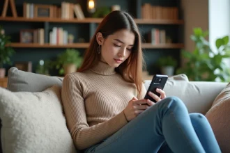 Jeune femme relaxée sur un canapé avec smartphone dans un salon cosy