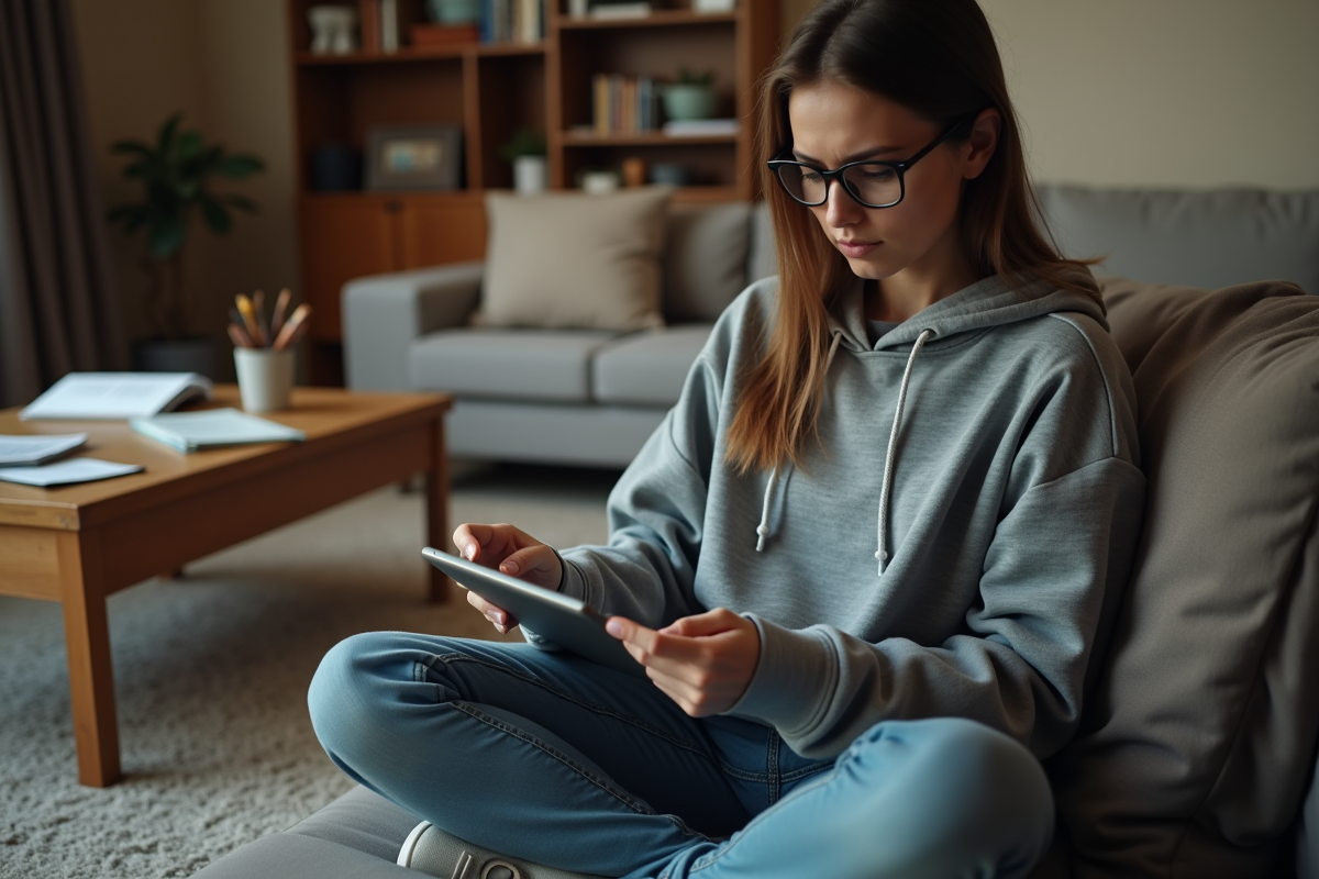 Jeune femme à la maison avec une alerte de sécurité sur sa tablette