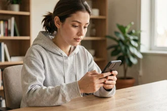 Femme utilisant un smartphone Android pour accéder au presse-papier sur son bureau à domicile