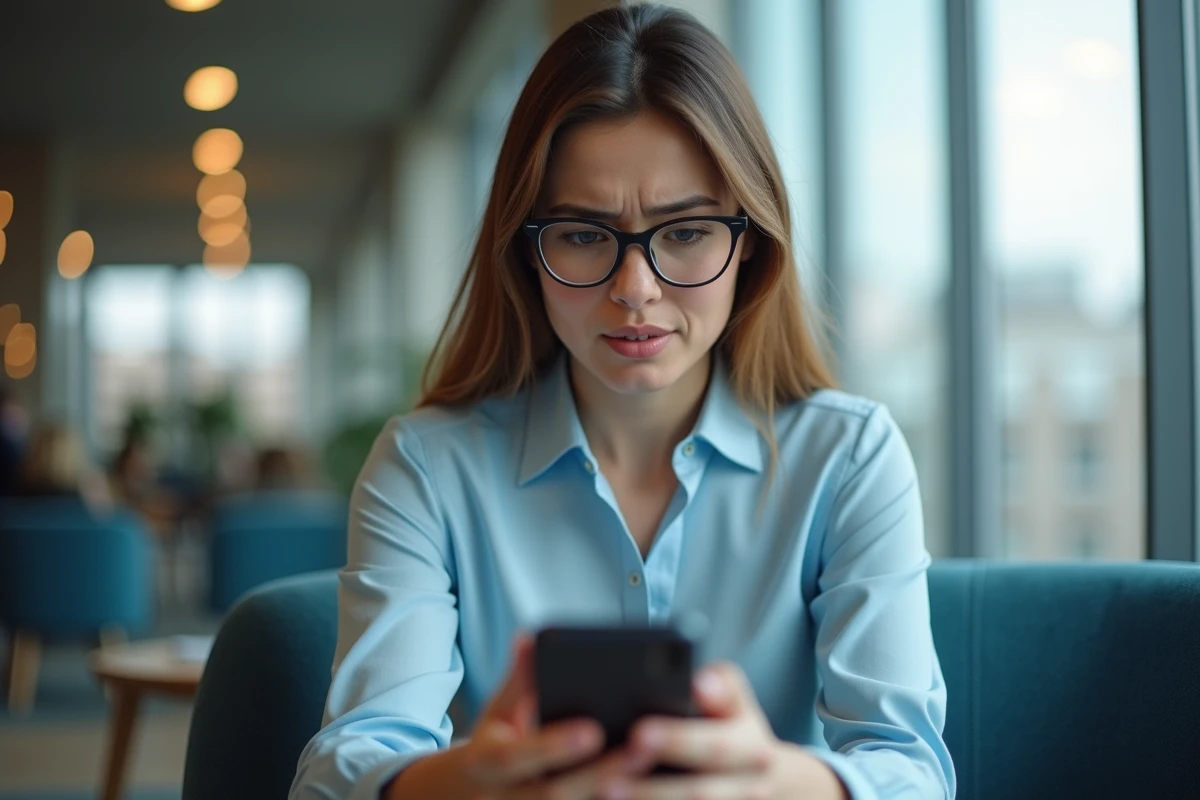 Femme regardant son smartphone avec erreur de connexion uqload