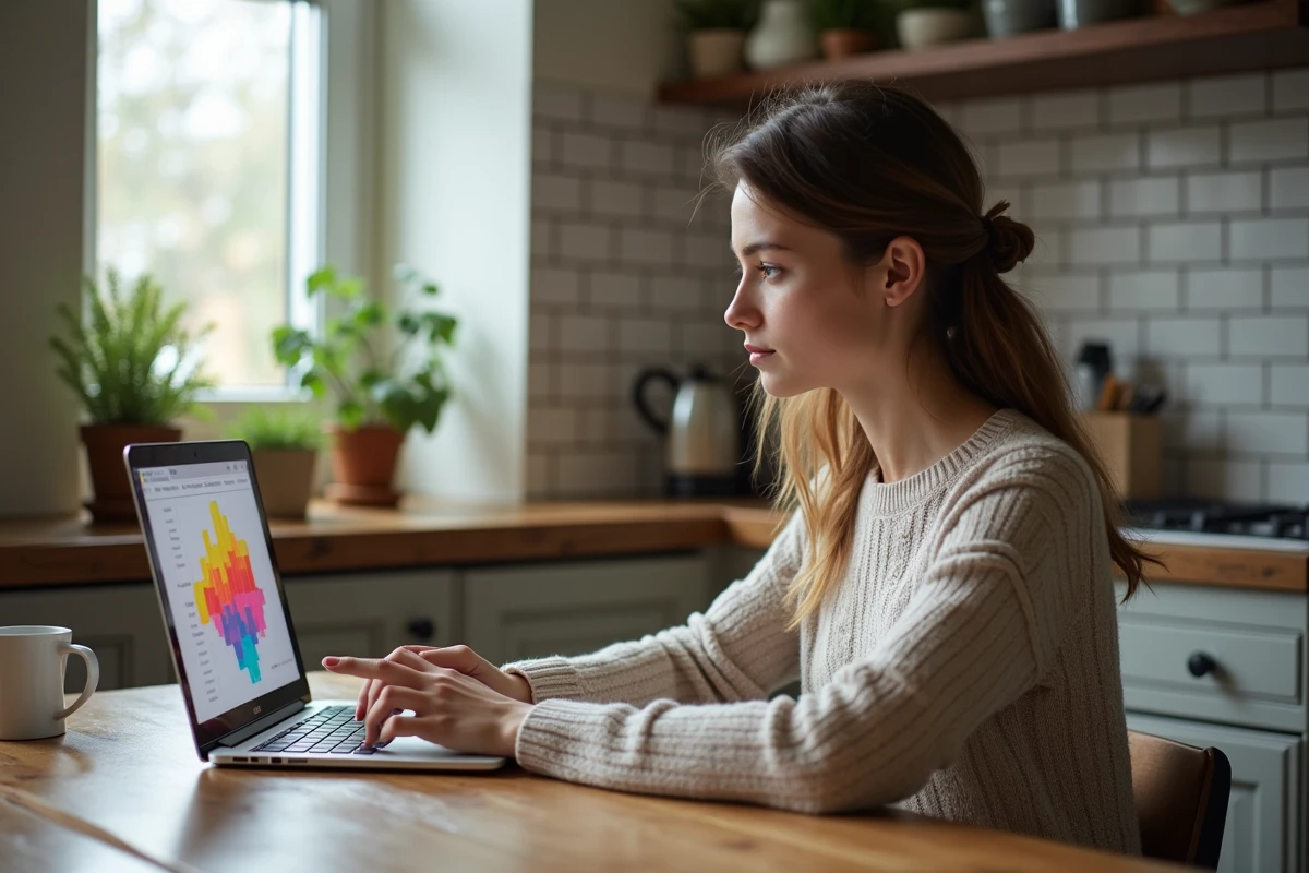 Jeune femme regardant un graphique AI sur son ordinateur