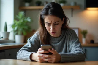 Femme stressée cherchant à récupérer des messages supprimés sur son smartphone dans une cuisine moderne
