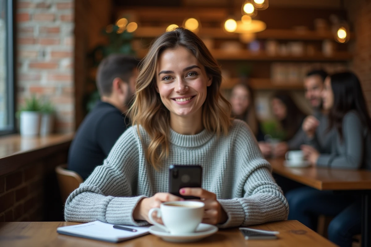 Femme utilisant son smartphone pour télécharger une vidéo YouTube dans un café cosy