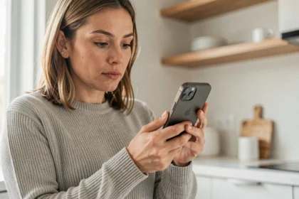 Femme examinant un téléphone reconditionné dans une cuisine moderne, évaluant la qualité de la batterie