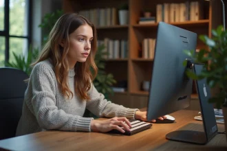 Jeune femme testant une souris d'ordinateur dans un bureau moderne