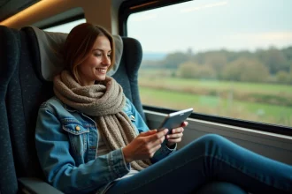 Femme en train regardant la télévision sur sa tablette dans le train