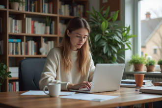 Femme travaillant sur un ordinateur portable dans un bureau à domicile