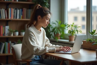Jeune femme travaillant sur son ordinateur dans un bureau cosy