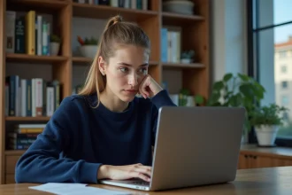 Jeune femme travaillant sur son ordinateur à la maison