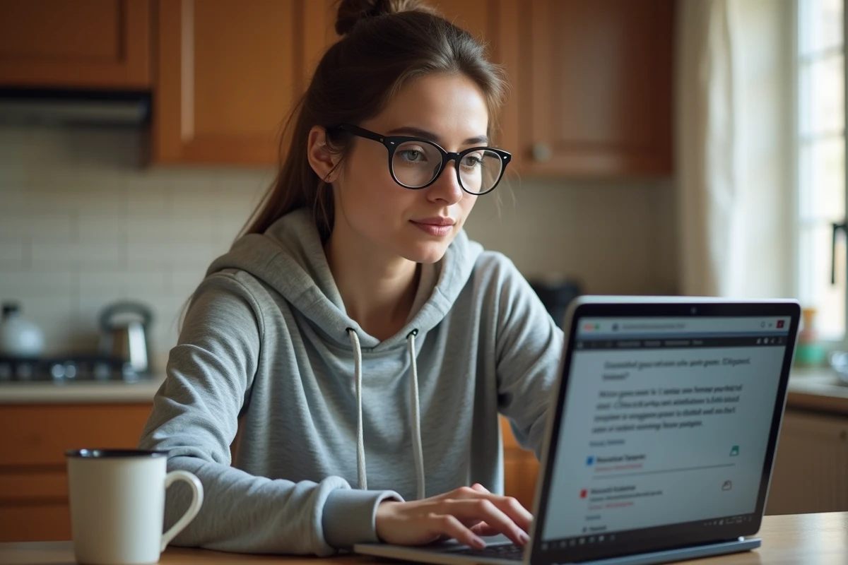 Femme avec ordinateur et guide dans une cuisine chaleureuse
