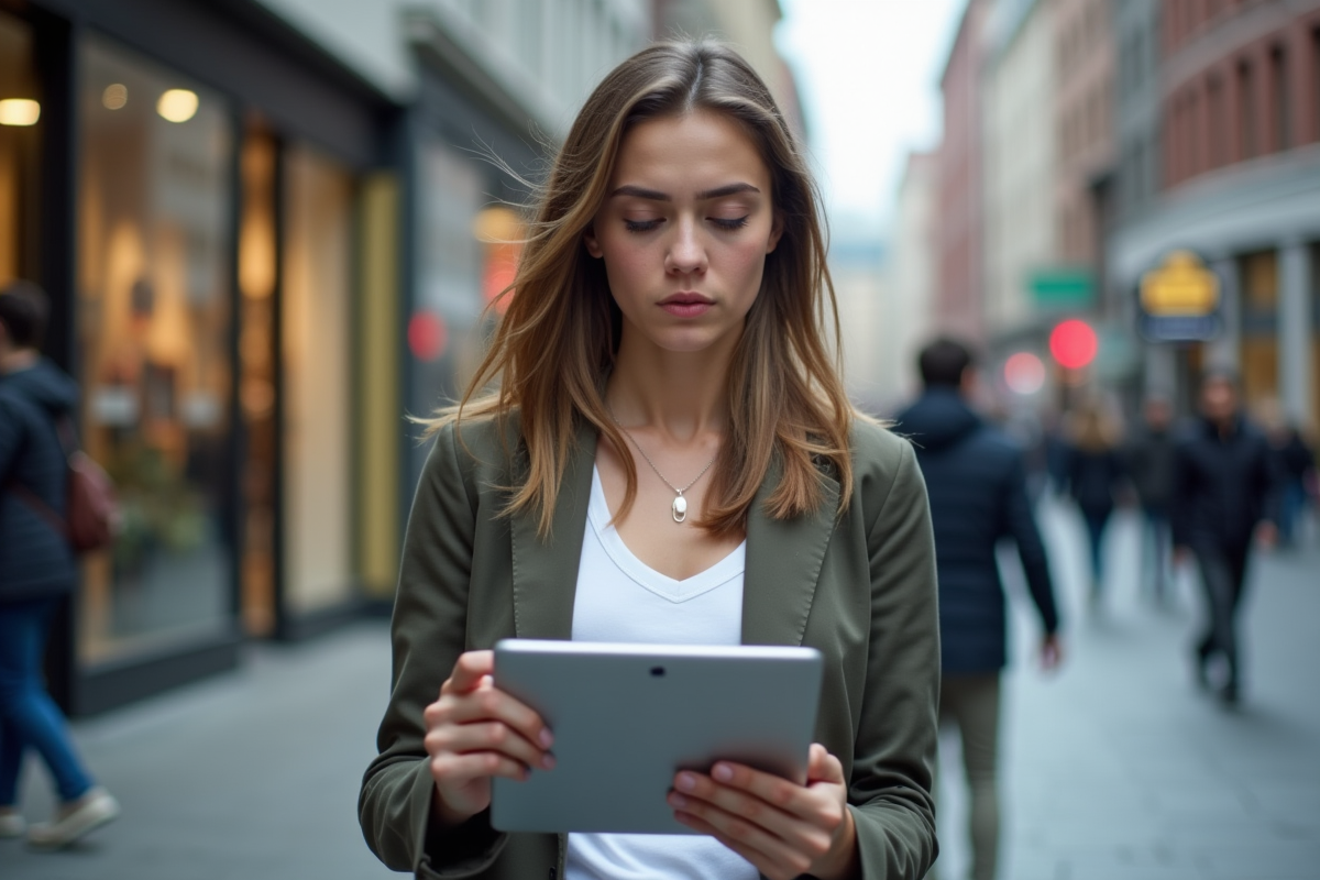 Jeune femme urbaine tenant une tablette avec statistiques publicitaires