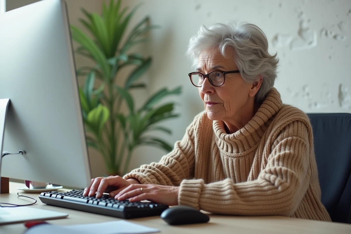 Femme âgée inspecte un clavier USB dans un bureau lumineux