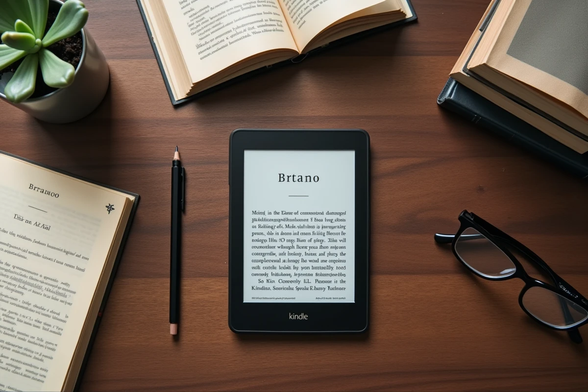 Vue en plongée d'une liseuse Kindle posée sur un bureau en bois entourée de livres papier, lunettes de lecture et plante succulente