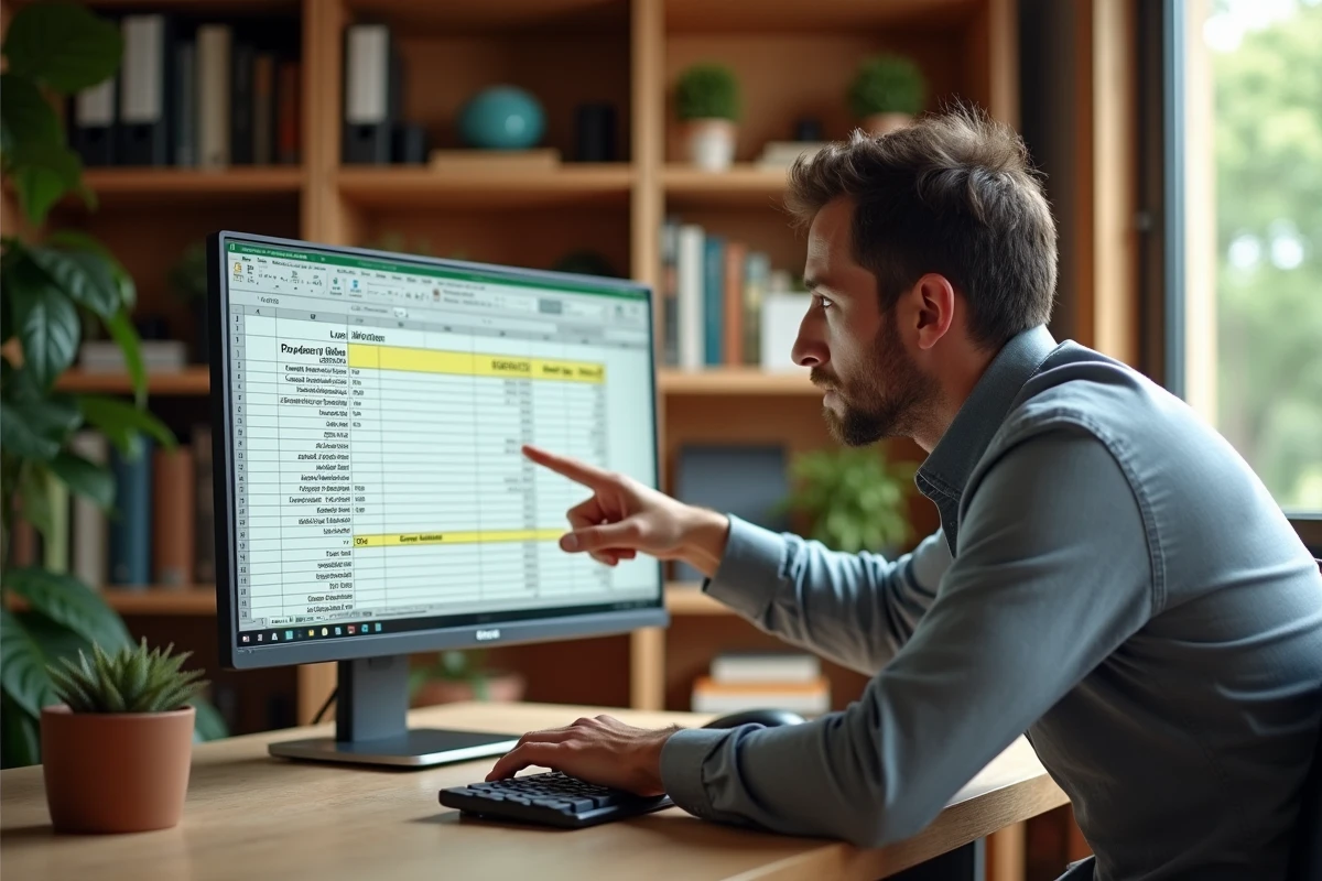 Homme pointant un écran Excel avec des formules de calcul de pourcentage et de TVA dans un bureau à domicile