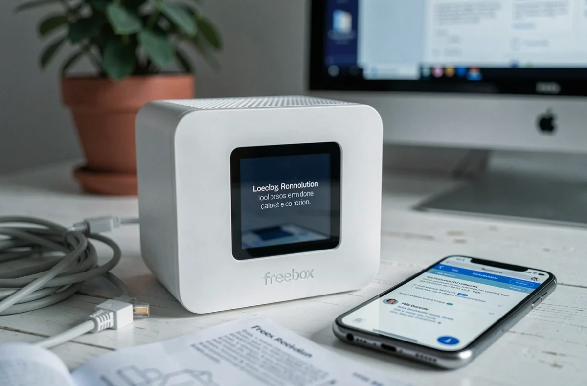 Gros plan d'une Freebox affichant un message de connexion bloqué avec câble ethernet et notice d'installation sur un bureau blanc