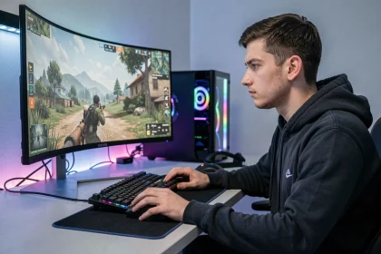 Gamer masculin concentré utilisant une souris gaming haute précision devant un écran ultrawide lors d'un test de réflexes FPS
