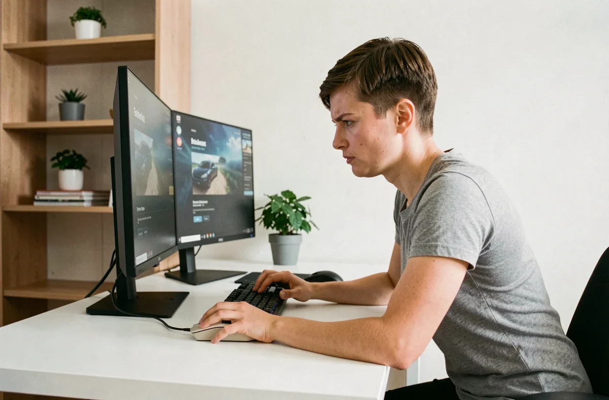 Gameuse testant ses réflexes à la souris sur un double écran dans un bureau home office moderne et épuré