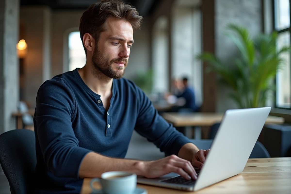 Entrepreneur gérant deux comptes Instagram sur ordinateur dans un espace de coworking