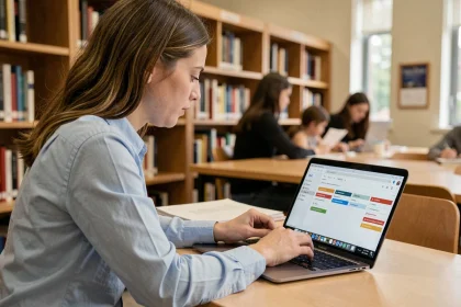 Étudiante organisant des dossiers et étiquettes dans un client de messagerie Zimbra sur un ordinateur portable en bibliothèque universitaire