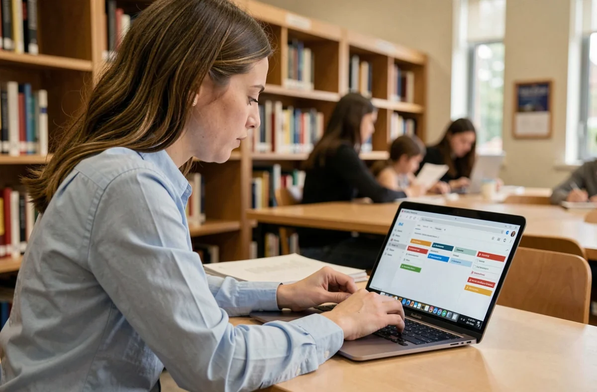 Étudiante organisant des dossiers et étiquettes dans un client de messagerie Zimbra sur un ordinateur portable en bibliothèque universitaire