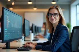 Femme professionnelle naviguant sur une interface de gestion web depuis un bureau avec deux écrans