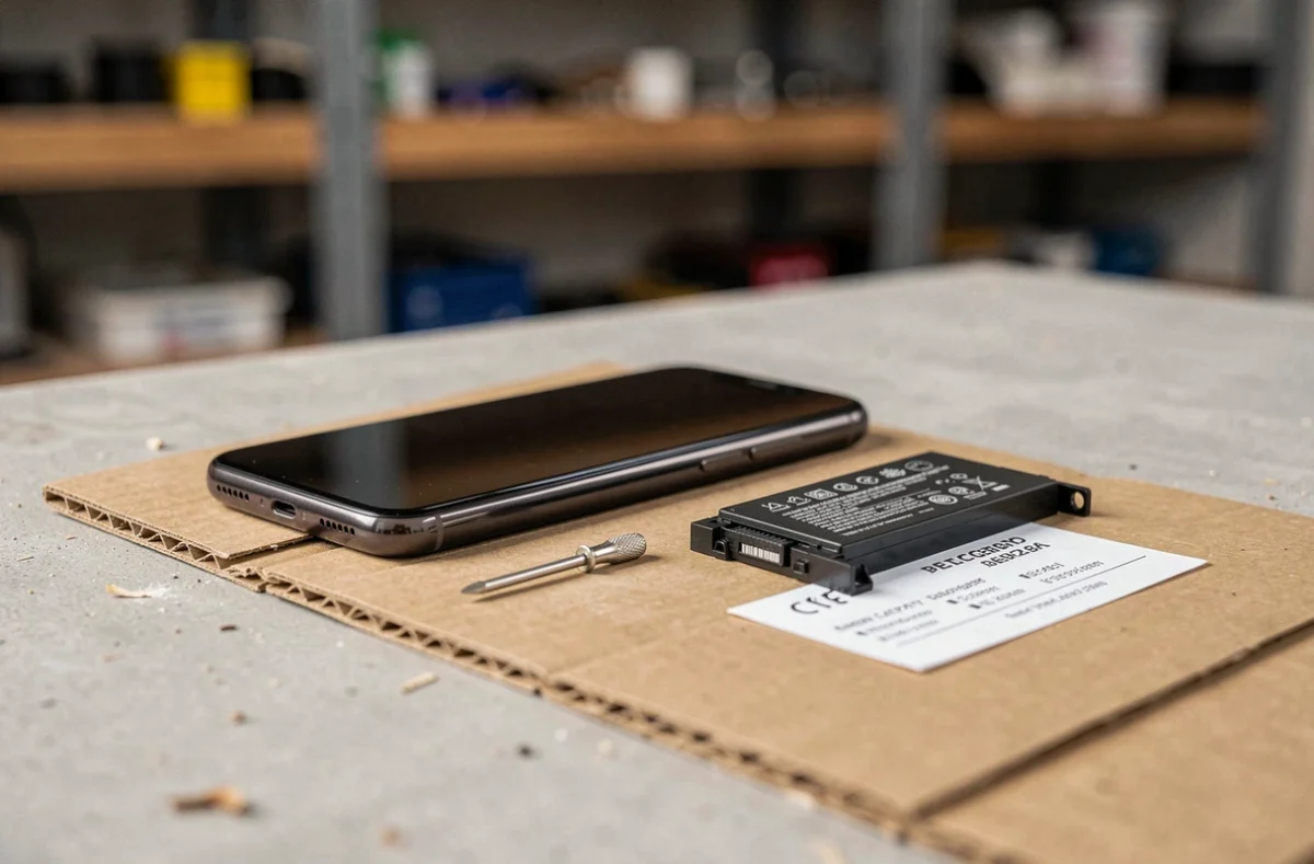 Gros plan sur une batterie de remplacement pour smartphone reconditionné avec fiche technique de capacité sur table en béton