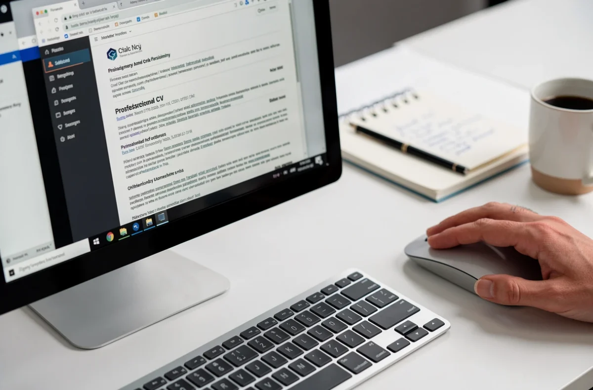 Gros plan d'un écran d'ordinateur affichant un formulaire de CV en ligne dans un navigateur web avec une main sur la souris