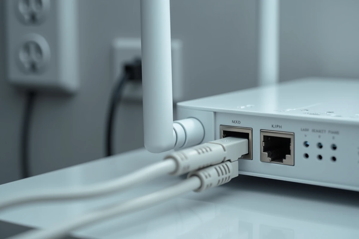 Gros plan sur les ports de connexion d'une Livebox avec le voyant blanc clignotant visible en soirée